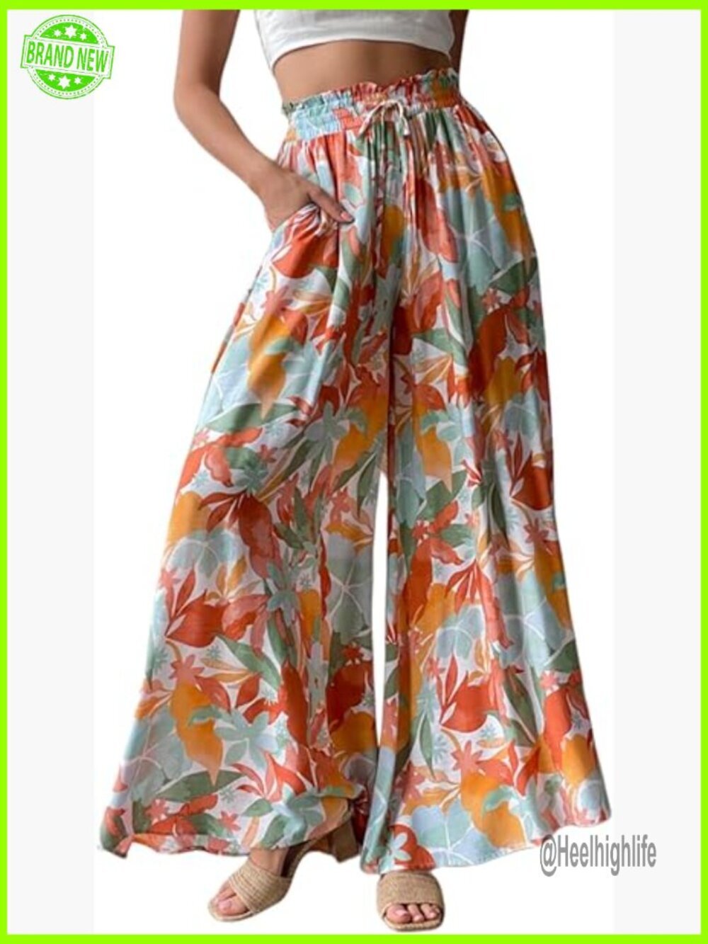 High Waisted Wide Leg Floral Palazzo Pants, Summer Beach Casual with Pockets